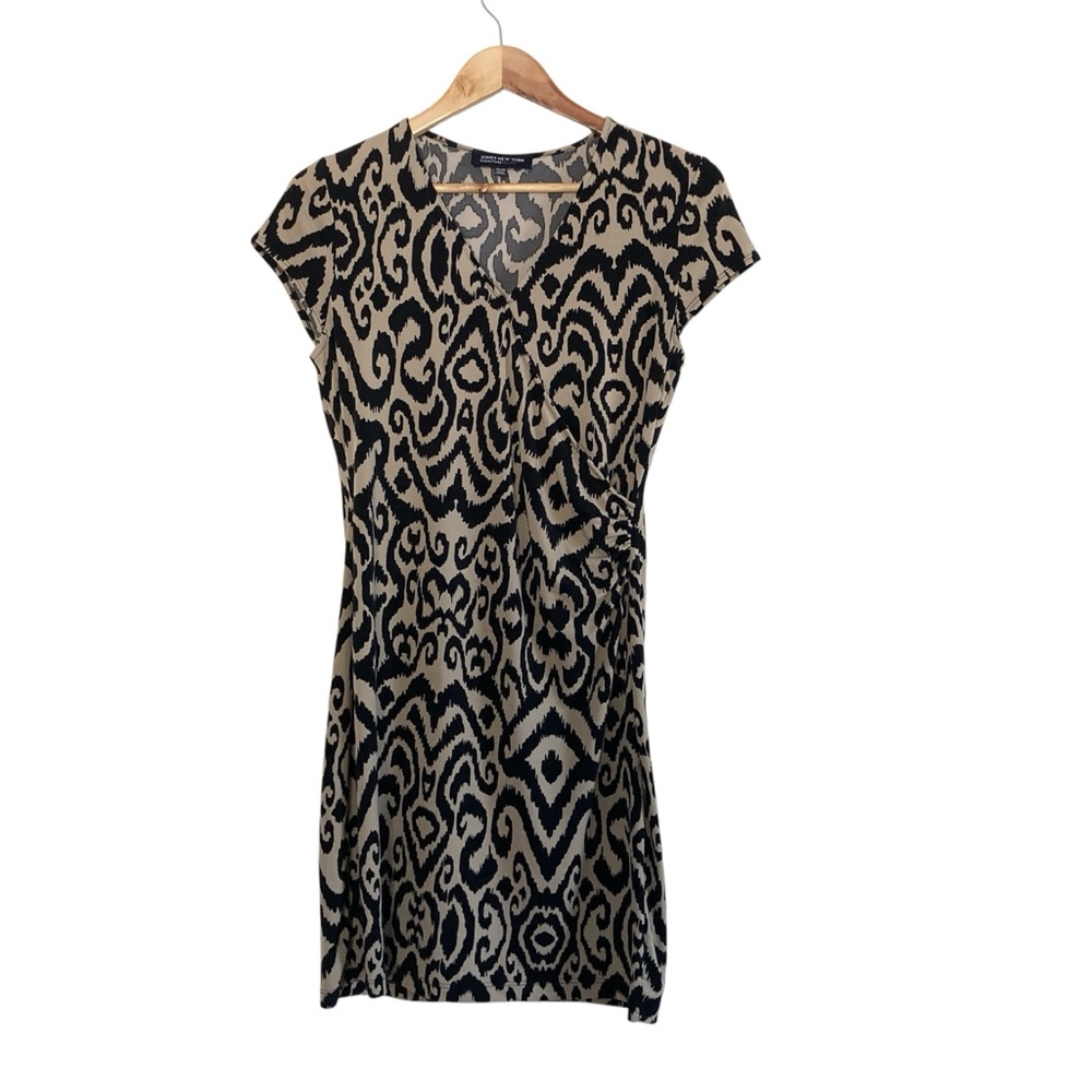Jones New York Petite Faux Wrap Dress PS Black Tan Abstract Workwear